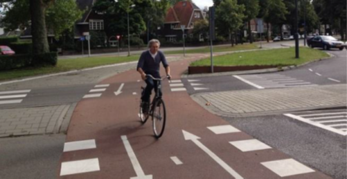 A Dutch cyclist riding on a raised and painted bicycle path. The path is red to differentiate it from the rest of the road